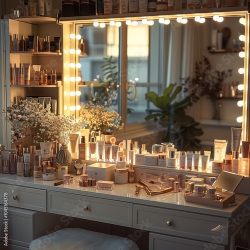 A dressing room with a large vanity mirror and a dresser with cosmetics scattered around.