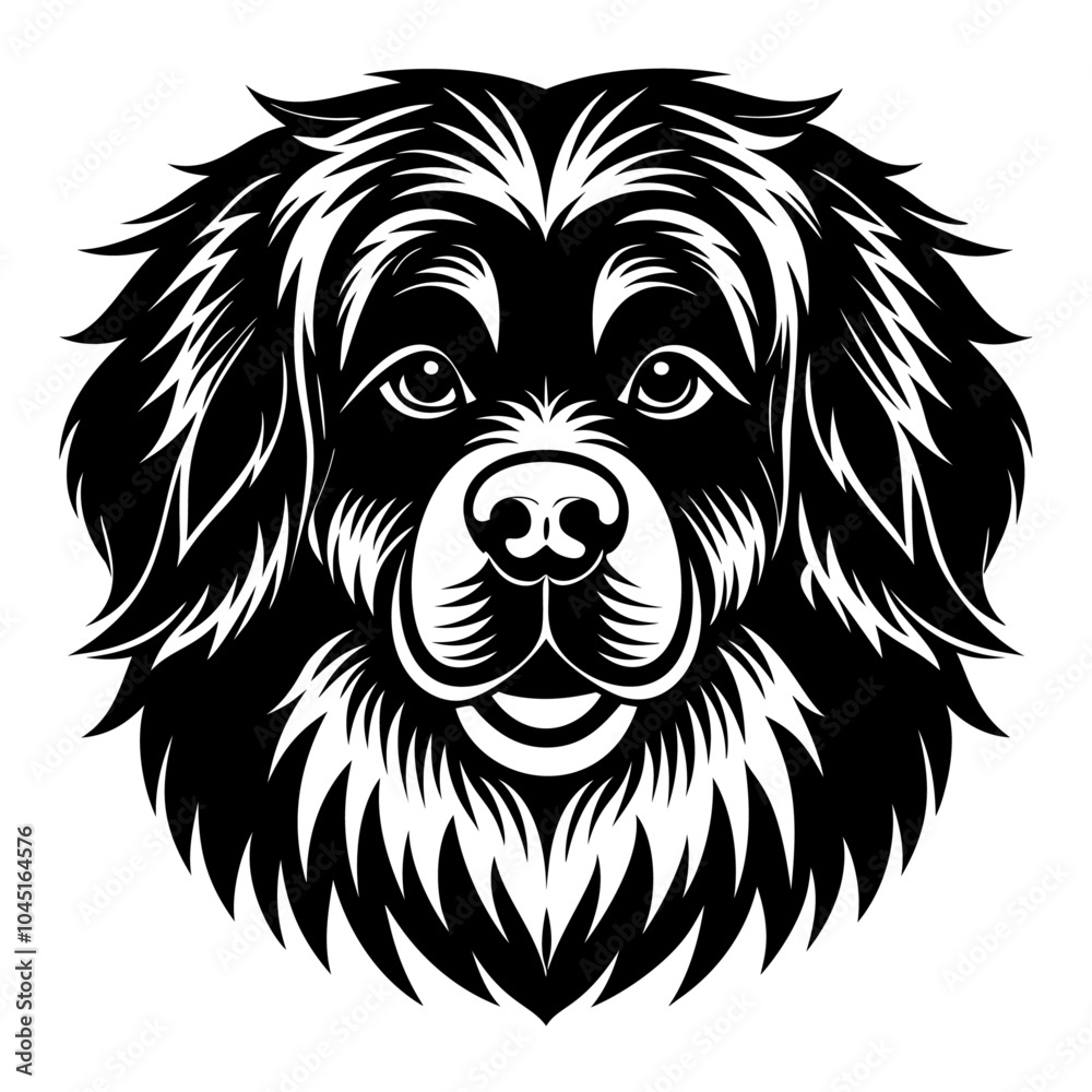 Fototapeta premium newfoundland dog face icon. Black and white logo, dog silhouette, engraving style. Pet character. Vector illustration
