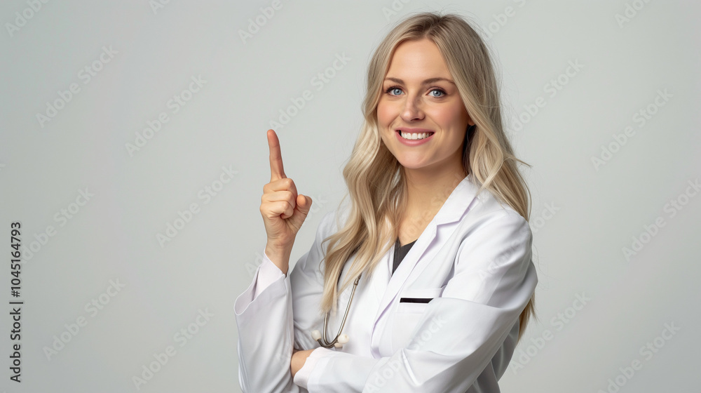 Young Caucasian woman in lab coat pointing and smiling. Young Caucasian woman in lab coat pointing and smiling.