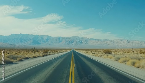 A long, open highway stretches through the Nevada desert under a clear blue sky