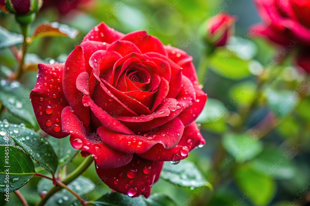 Obraz premium Extreme close-up of red rose plant on bush with raindrops on leaves