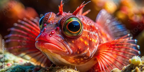 Extreme close-up of Red Sea combtooth blenny Ecsenius dentex fish swimming underwater, vibrant colors photo