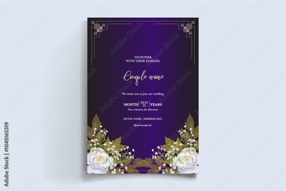 Fototapeta premium WEDDING INVITATION FRAME WITH FLOWER DECORATIONS AND FRESH LEAVES