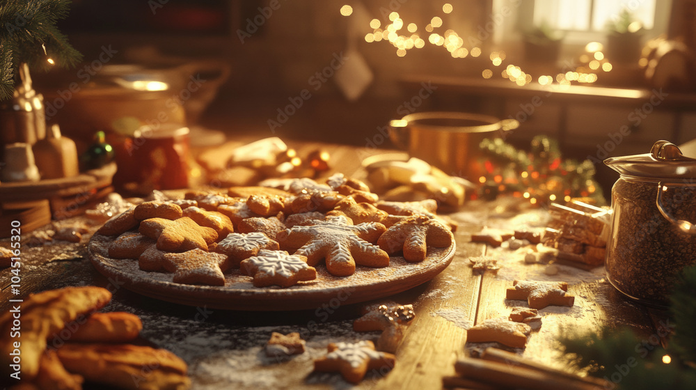 Naklejka premium Holiday baking scene, a festive table filled with beautifully decorated cookies, warm golden light, cozy kitchen atmosphere with holiday decorations, joyful mood, ingredients scattered around