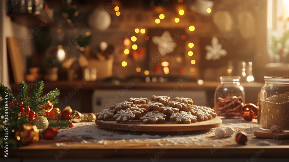 Naklejka premium Holiday baking scene, a festive table filled with beautifully decorated cookies, warm golden light, cozy kitchen atmosphere with holiday decorations, joyful mood, ingredients scattered around