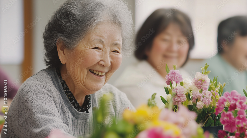 フラワーアレンジメントを楽しむ日本の高齢女性
