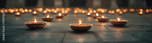 A large number of candles are lit up in a row on a dark surface. The candles are arranged in a neat and orderly fashion, creating a warm and inviting atmosphere