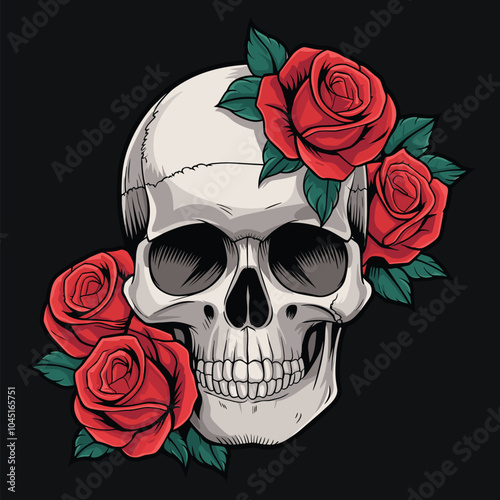 A skull surrounded by red roses, which combines elements of life, death, and gothic art