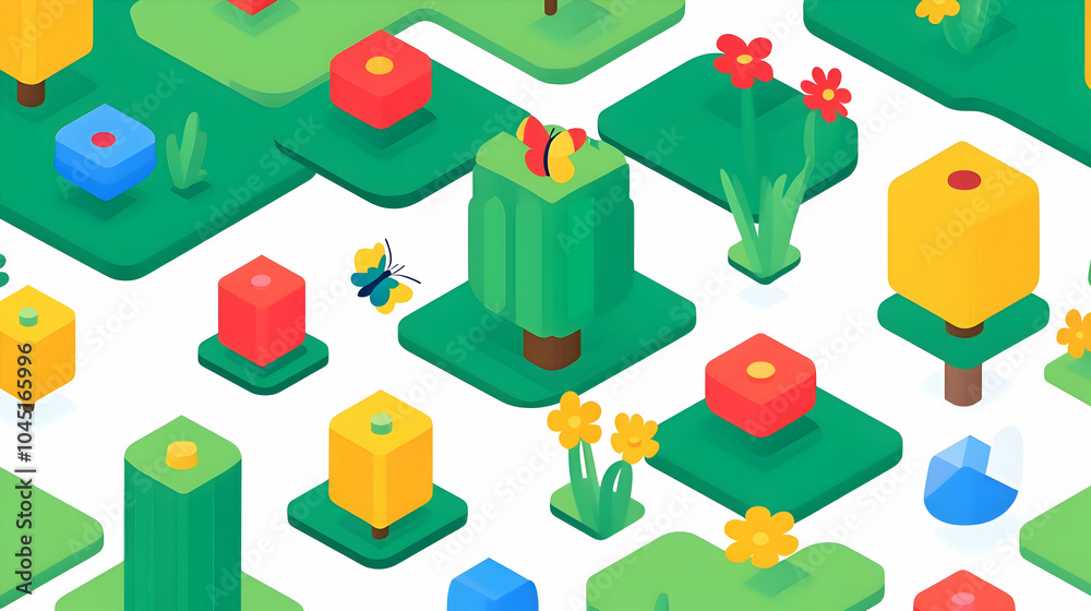 A flower background with isometric illustrations of colorful garden scenes, with blooming flowers, butterflies, and trees in full bloom A flower background with isometric illustrations of colorful garden scenes, with blooming flowers, butterflies, and trees in full bloom