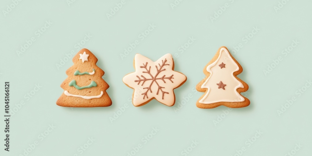Decorative holiday cookies shaped like trees and a snowflake on pastel backdrop. Decorative holiday cookies shaped like trees and a snowflake on pastel backdrop.