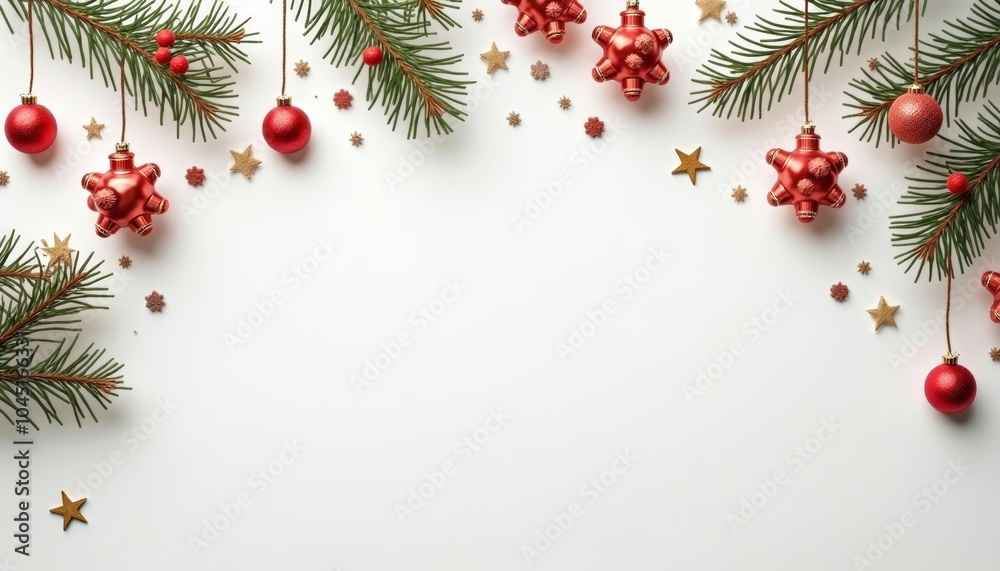 an awesome christmas background with christmas tree branches, bulbs, stars, and decorations