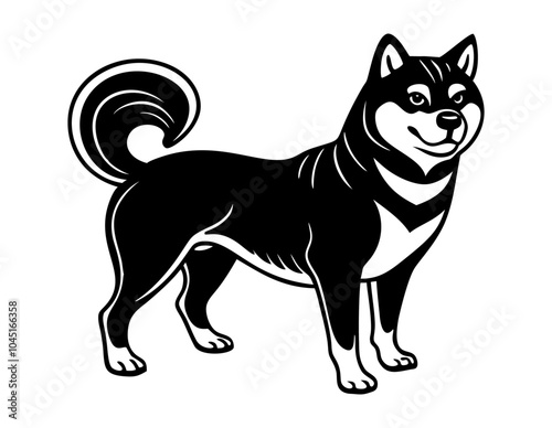 shiba inu dog full body icon. Black and white logo, dog silhouette, engraving style. Pet character. Vector illustration