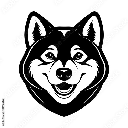 shiba inu dog muzzle icon. Black and white logo, dog silhouette, engraving style. Pet character. Vector illustration