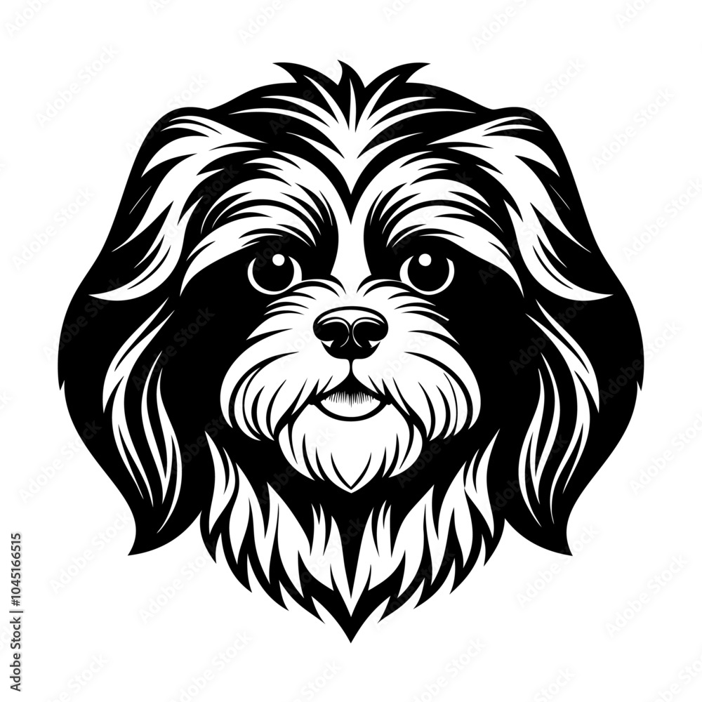 shih tzu dog muzzle icon. Black and white logo, dog silhouette, engraving style. Pet character. Vector illustration shih tzu dog muzzle icon. Black and white logo, dog silhouette, engraving style. Pet character. Vector illustration