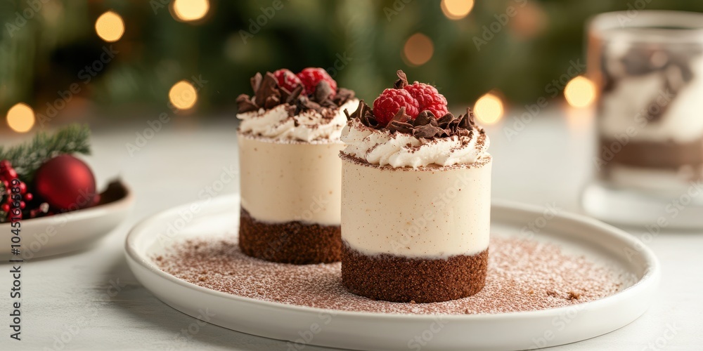 Delicious dessert cups with raspberries and chocolate, festive background. Delicious dessert cups with raspberries and chocolate, festive background.