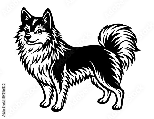 spitz dog full body icon. Black and white logo, dog silhouette, engraving style. Pet character. Vector illustration