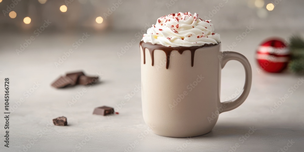 Delicious hot chocolate mug topped with cream and sprinkles, festive ambiance. Delicious hot chocolate mug topped with cream and sprinkles, festive ambiance.