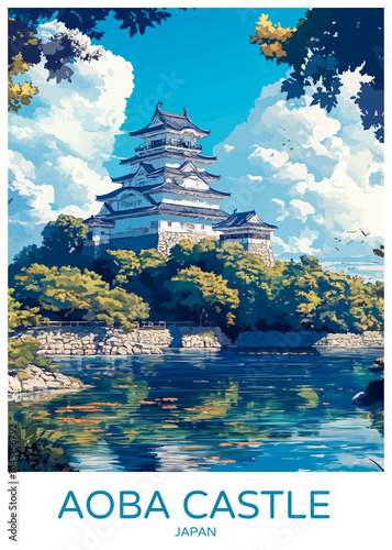 Aoba Castle Sendai Japan Poster Illustration Travel Print Decor Gift Paper Canvas Wall Retro Art photo