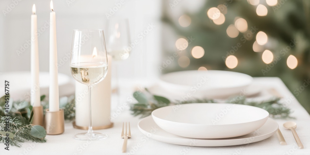 Elegant dining table setting with candles, glassware, and greenery. Elegant dining table setting with candles, glassware, and greenery.