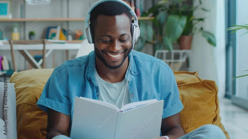 Man is sitting on a couch with a book in his lap. He is wearing headphones and smiling Man is sitting on a couch with a book in his lap. He is wearing headphones and smiling