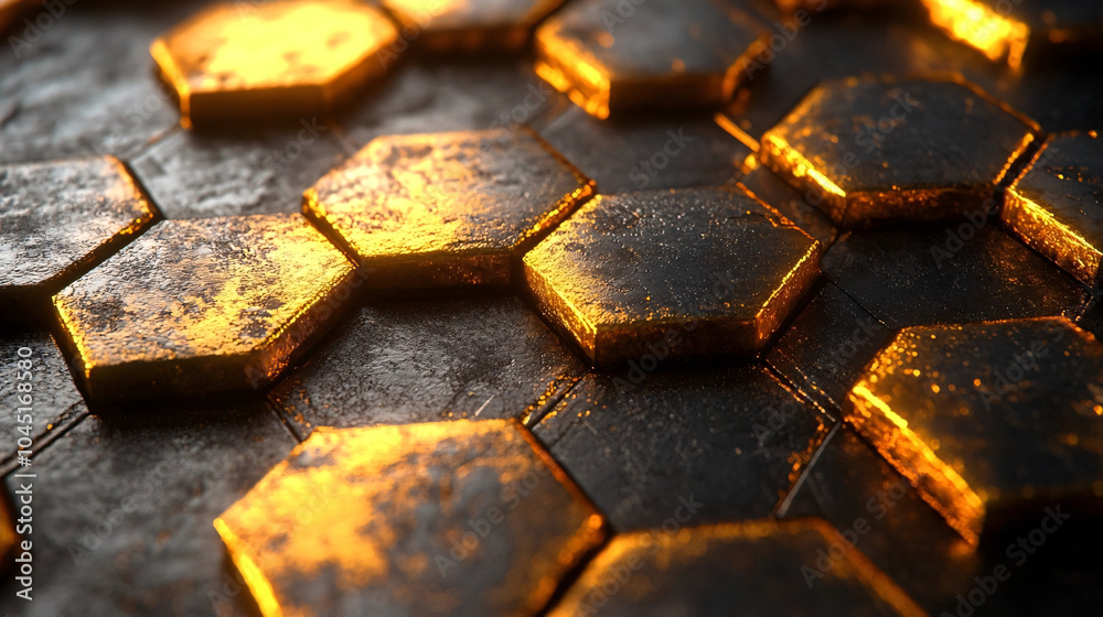 A close-up of hexagonal metallic tiles with glowing golden edges, creating a futuristic, industrial pattern with a mix of rugged textures and illuminated highlights A close-up of hexagonal metallic tiles with glowing golden edges, creating a futuristic, industrial pattern with a mix of rugged textures and illuminated highlights
