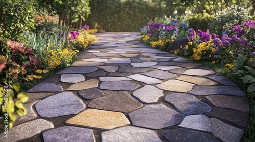 Vibrant Paving Stone Pathway in Lush Garden Setting