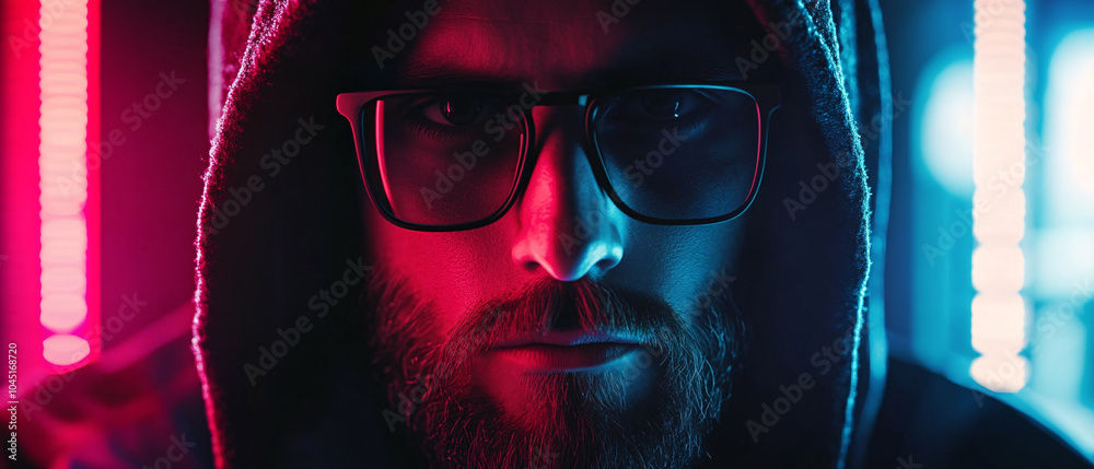 Mysterious Man in Neon Lights with Intense Gaze Mysterious Man in Neon Lights with Intense Gaze