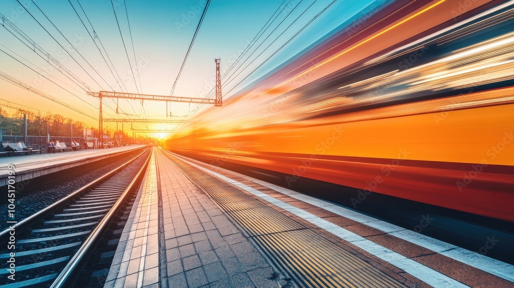 Obraz premium Vibrant Sunset Train Motion at Railway Station