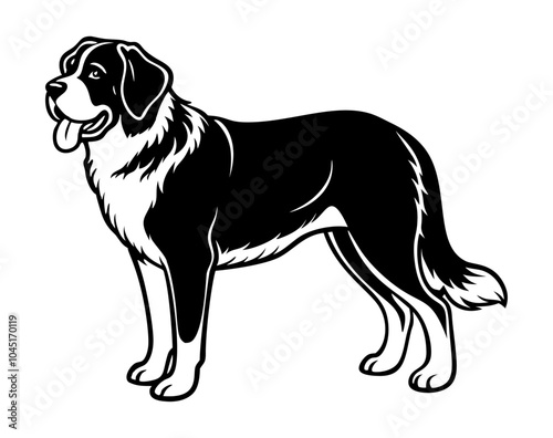 st bernard dog full body icon. Black and white logo, dog silhouette, engraving style. Pet character. Vector illustration