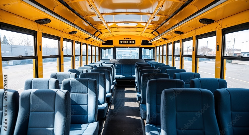 Fototapeta premium Empty school bus interior background rows of empty seats inside a brightly lit yellow school bus