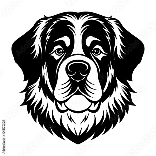 st bernard dog face icon. Black and white logo, dog silhouette, engraving style. Pet character. Vector illustration