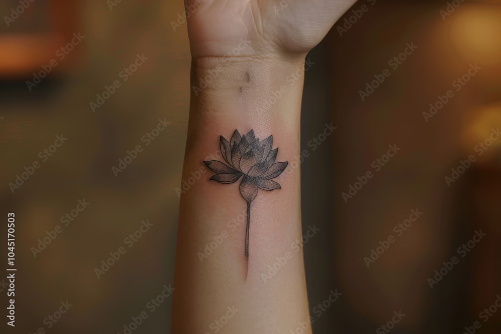 Obraz premium A minimalist wrist tattoo of a delicate lotus flower in black ink.