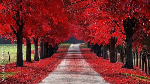 Serene Road Surrounded by Vibrant Red Trees photo