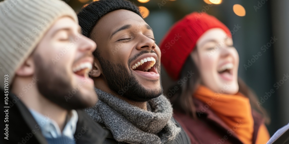 Group of joyful friends singing together in winter attire, festive atmosphere. Group of joyful friends singing together in winter attire, festive atmosphere.