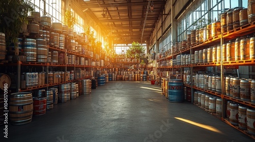 Sunlit Warehouse Interior with Rows of Barrels and Shelves