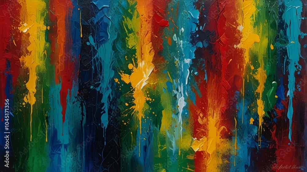 The image presents an abstract artwork featuring a dynamic explosion of vibrant colors emanating from a central point against a dark background. The colors include red, orange, yellow, green, blue, an The image presents an abstract artwork featuring a dynamic explosion of vibrant colors emanating from a central point against a dark background. The colors include red, orange, yellow, green, blue, an