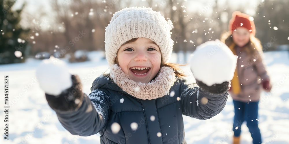 Happy child playing in the snow, smiling and holding snowballs on a winter day. Happy child playing in the snow, smiling and holding snowballs on a winter day.