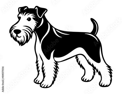 welsh terrier dog full body icon. Black and white logo, dog silhouette, engraving style. Pet character. Vector illustration