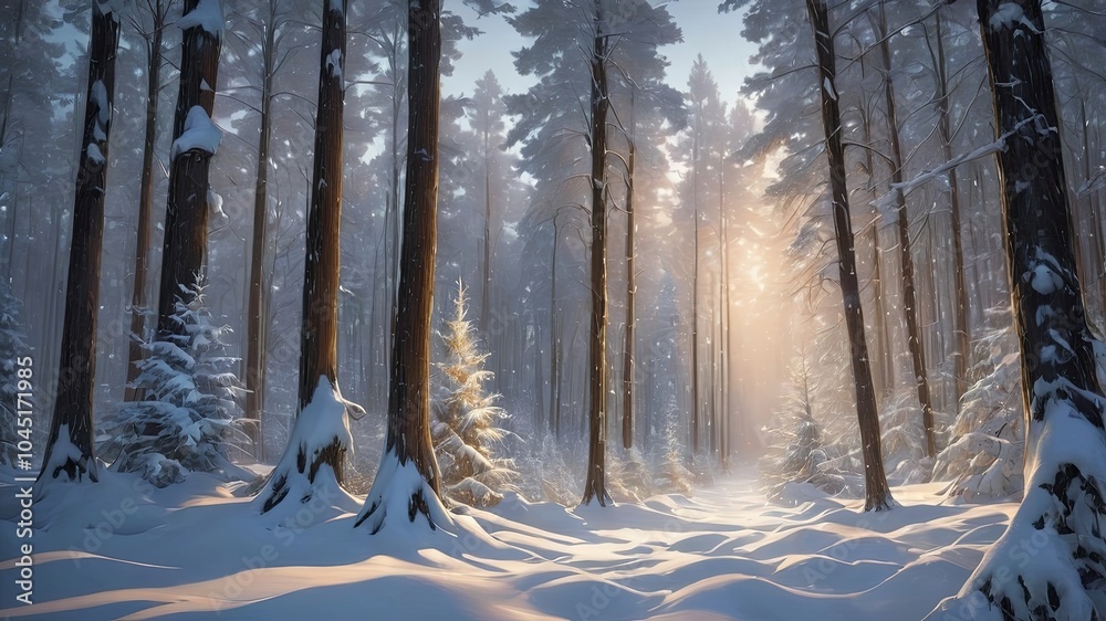 Obraz premium Sunlight Illuminates a Tranquil Winter Forest, Casting a Golden Glow on the Snow-Covered Trees and Ground