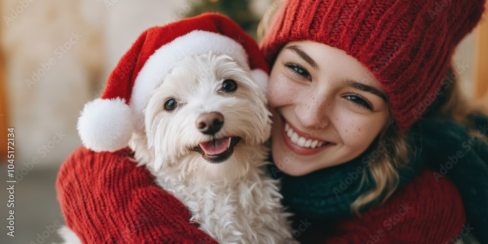 Happy woman in festive attire holding a small dog, both wearing Christmas hats. Happy woman in festive attire holding a small dog, both wearing Christmas hats.