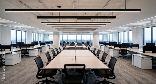 Modern open plan office with desks background spacious office with rows of workstations and bright lighting