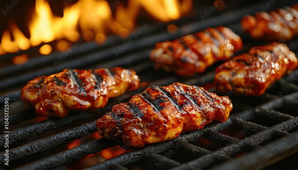 Grilled chicken wings sizzling over a lively fire at a backyard barbecue gathering Grilled chicken wings sizzling over a lively fire at a backyard barbecue gathering