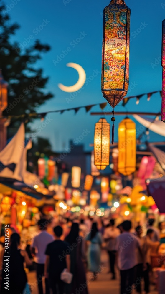 Fototapeta premium Families enjoy shopping for gifts and food at a vibrant Eid al-Adha street festival under lanterns