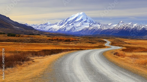 Serene Landscape with Winding Road and Majestic Mountain