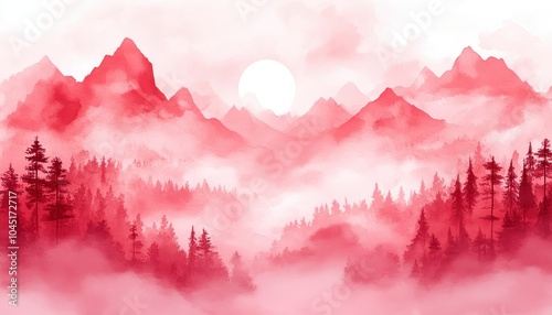 Serene red landscape with mountains and mist reflecting a tranquil atmosphere