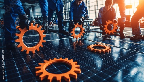 Teamwork in Action with Orange Gears and Solar Panels