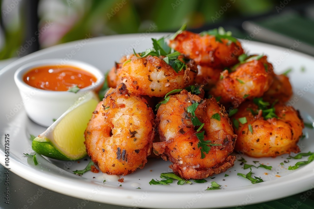A plate of acaraj, black-eyed pea fritters stuffed with shrimp and vatape, served with a side of hot pepper sauce and fresh lime wedges. A plate of acaraj, black-eyed pea fritters stuffed with shrimp and vatape, served with a side of hot pepper sauce and fresh lime wedges.