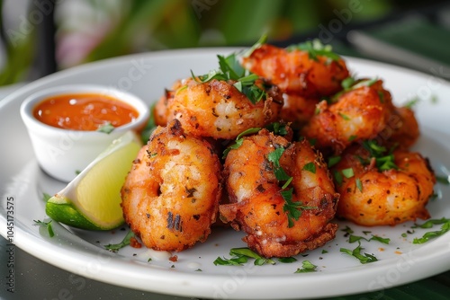 A plate of acaraj, black-eyed pea fritters stuffed with shrimp and vatape, served with a side of hot pepper sauce and fresh lime wedges.