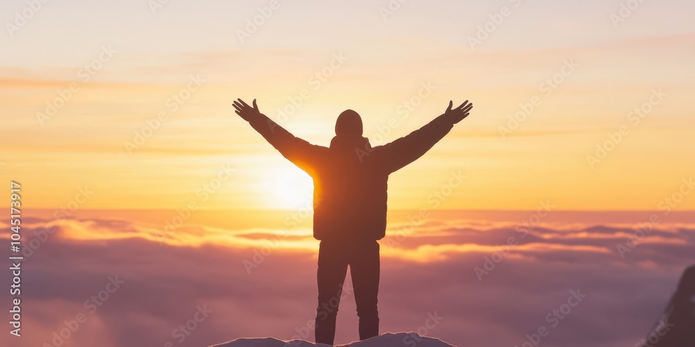 Person standing on a mountain with arms outstretched, sunset backdrop. Person standing on a mountain with arms outstretched, sunset backdrop.