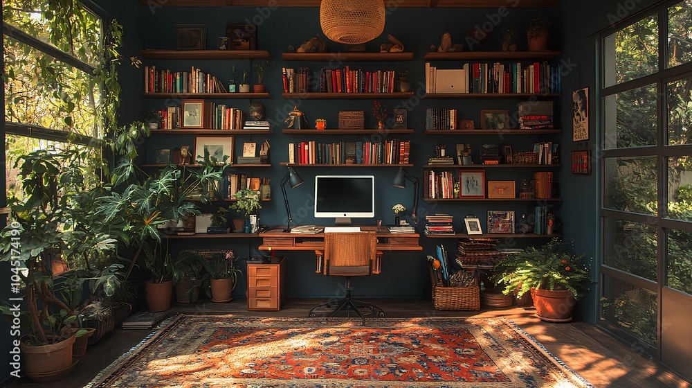 A cozy workspace featuring a dark blue wall, bookshelf filled with books, a computer desk, and lush greenery, creating a peaceful and inviting environment.